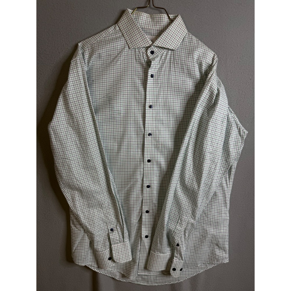 Nordstrom‎ Rack Dress Shirt Men's 16 34-35 Trim Fit White Blue Green Check